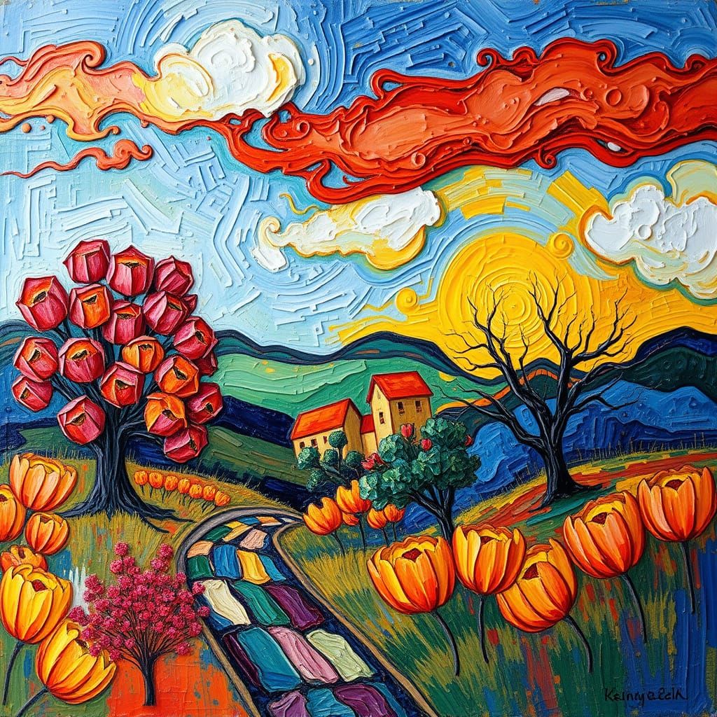 Expressive Neo-Impressionist Landscape with Textured Brushst...