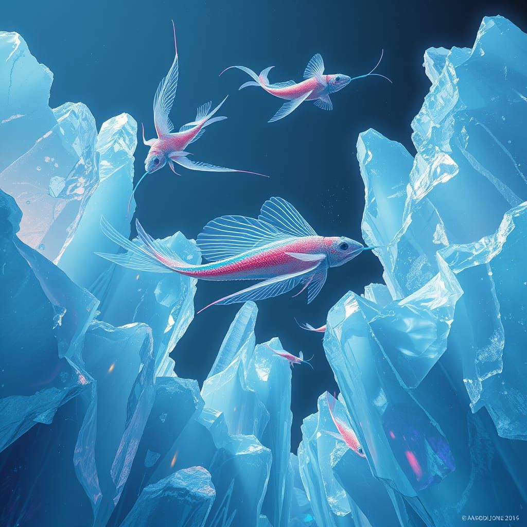Sea Creatures Glide Through Ice, in Digital Art Style