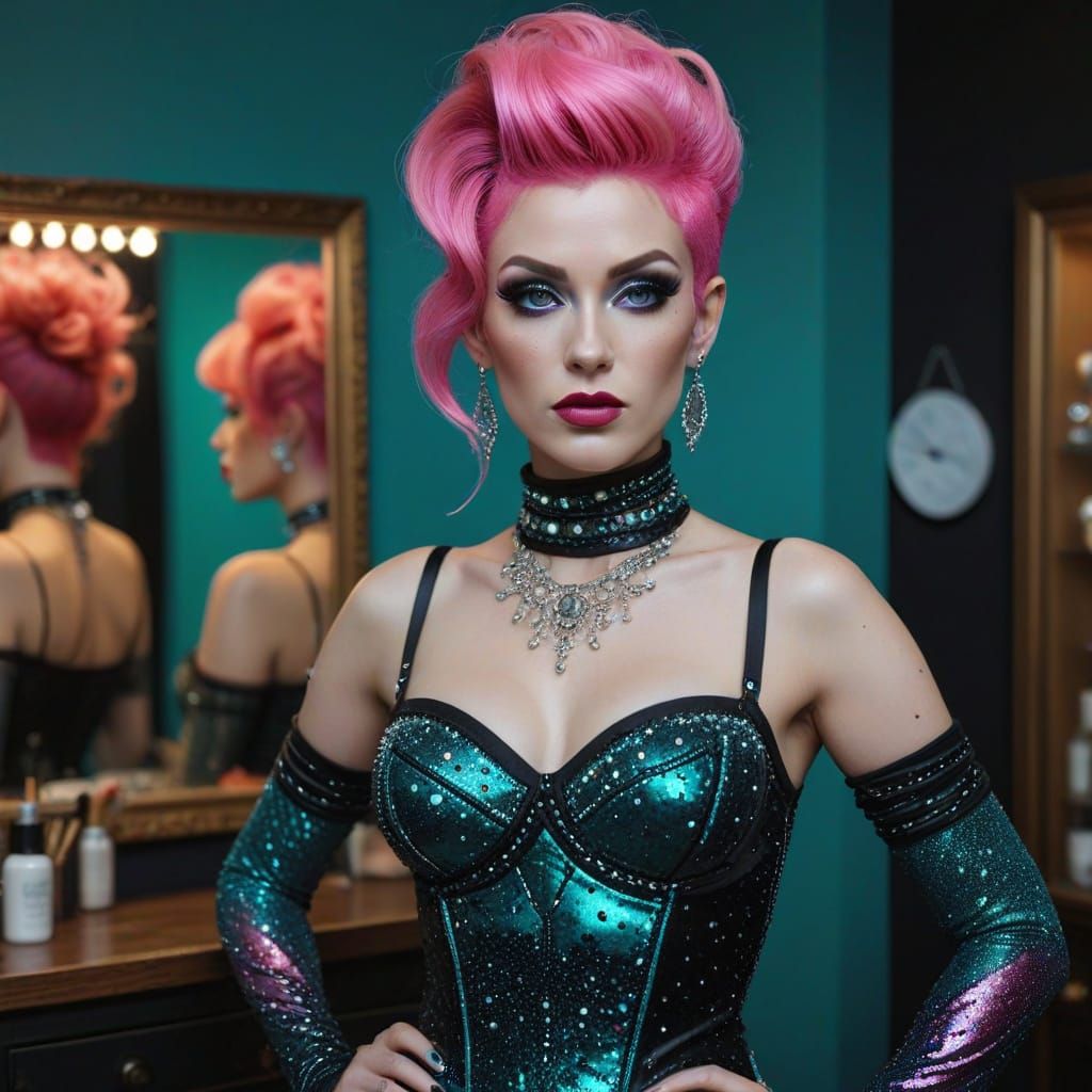 Genderbending Figure with Neon Hair in Fractal Setting