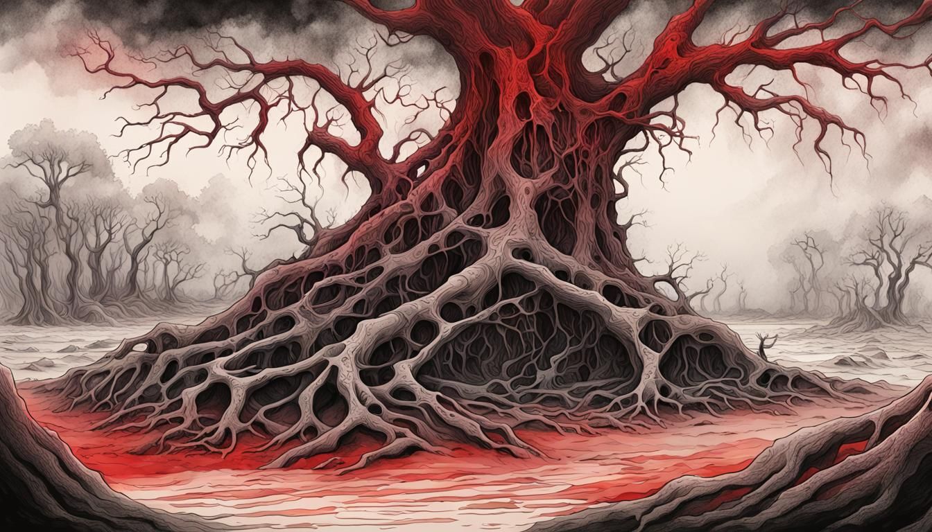 Eerie Ink Drawing: Bones and Red Mist