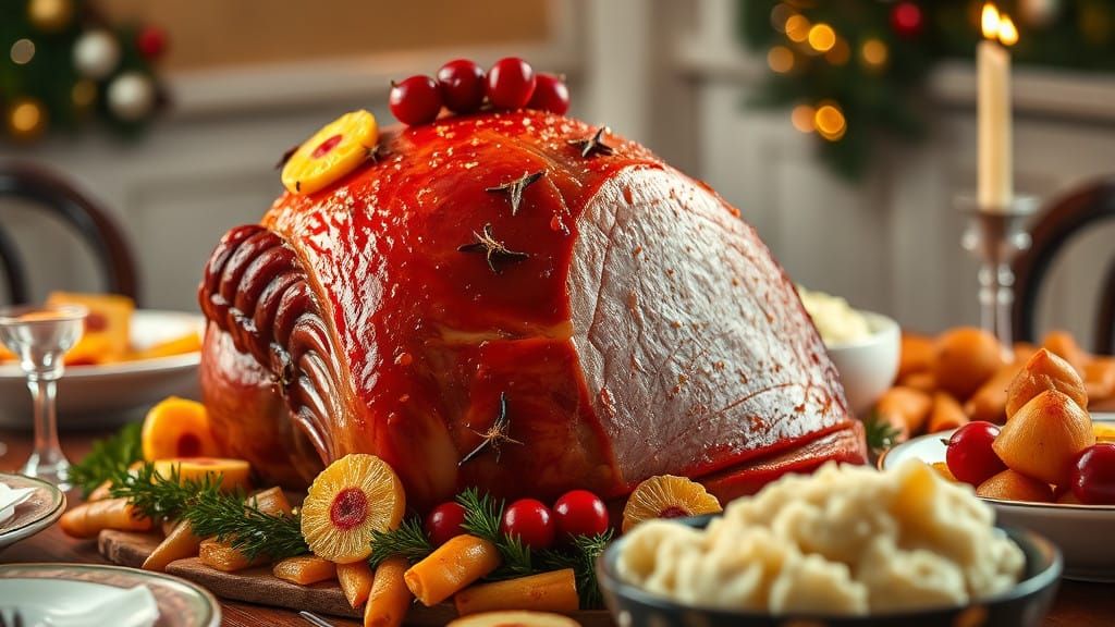 Holiday Ham Dinner Setup in Pastel Colors