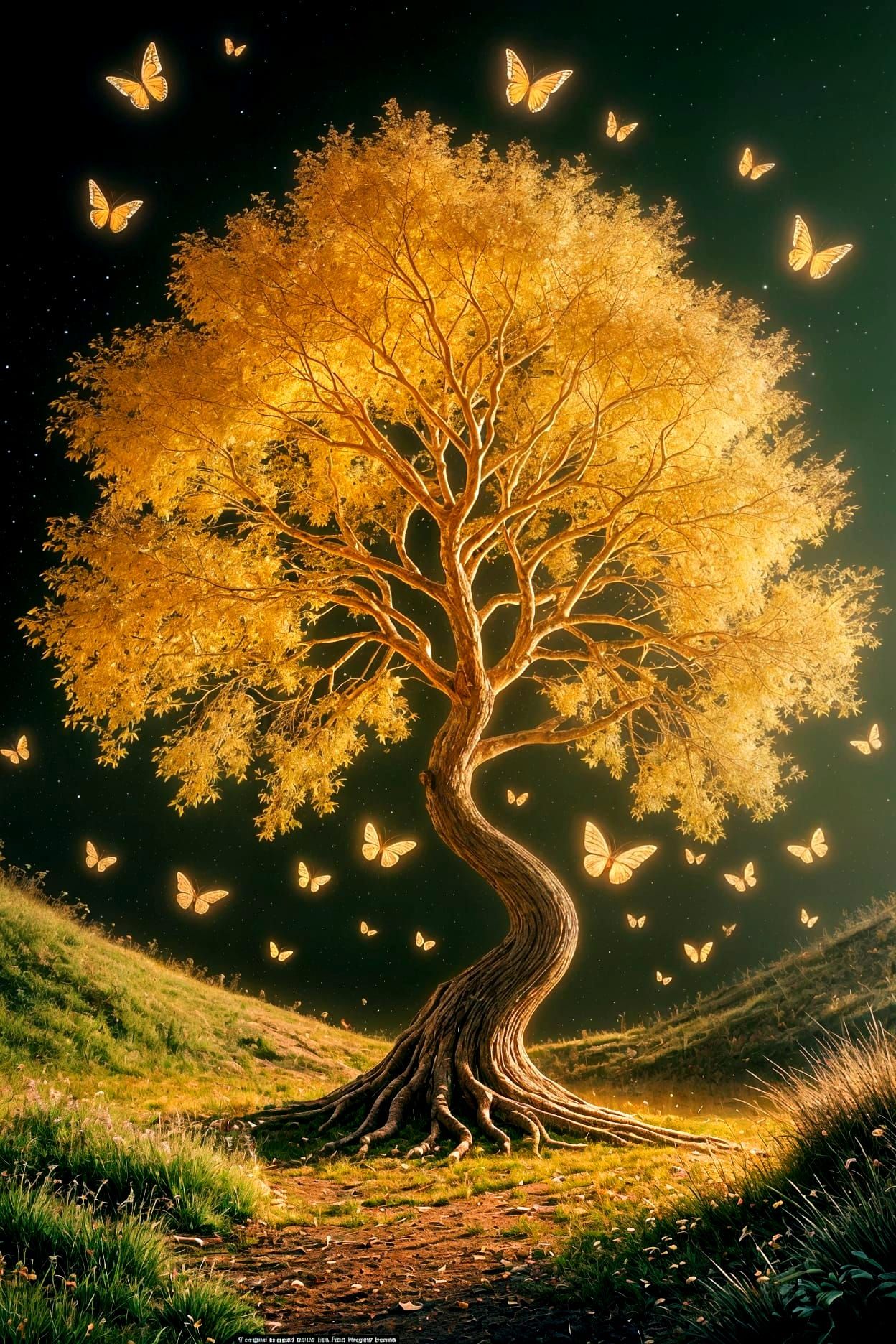 Surreal Golden Tree Radiates Celestial Light