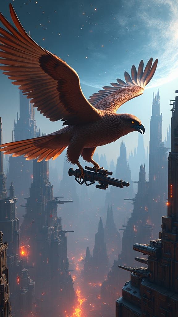 Falcon Bounty Hunter Soaring Through Cyberpunk Cosmos