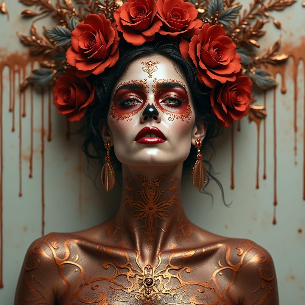 Metallic Copper Woman with Art Nouveau Cyberpunk Headdress