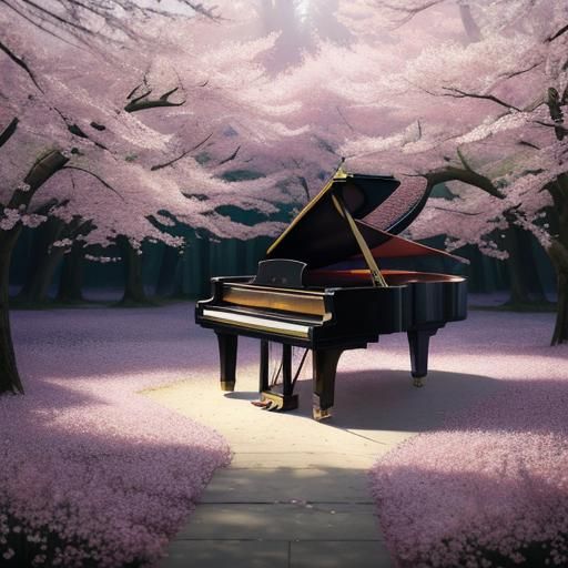 Grand Piano in Cherry Blossom Forest, Digital Art