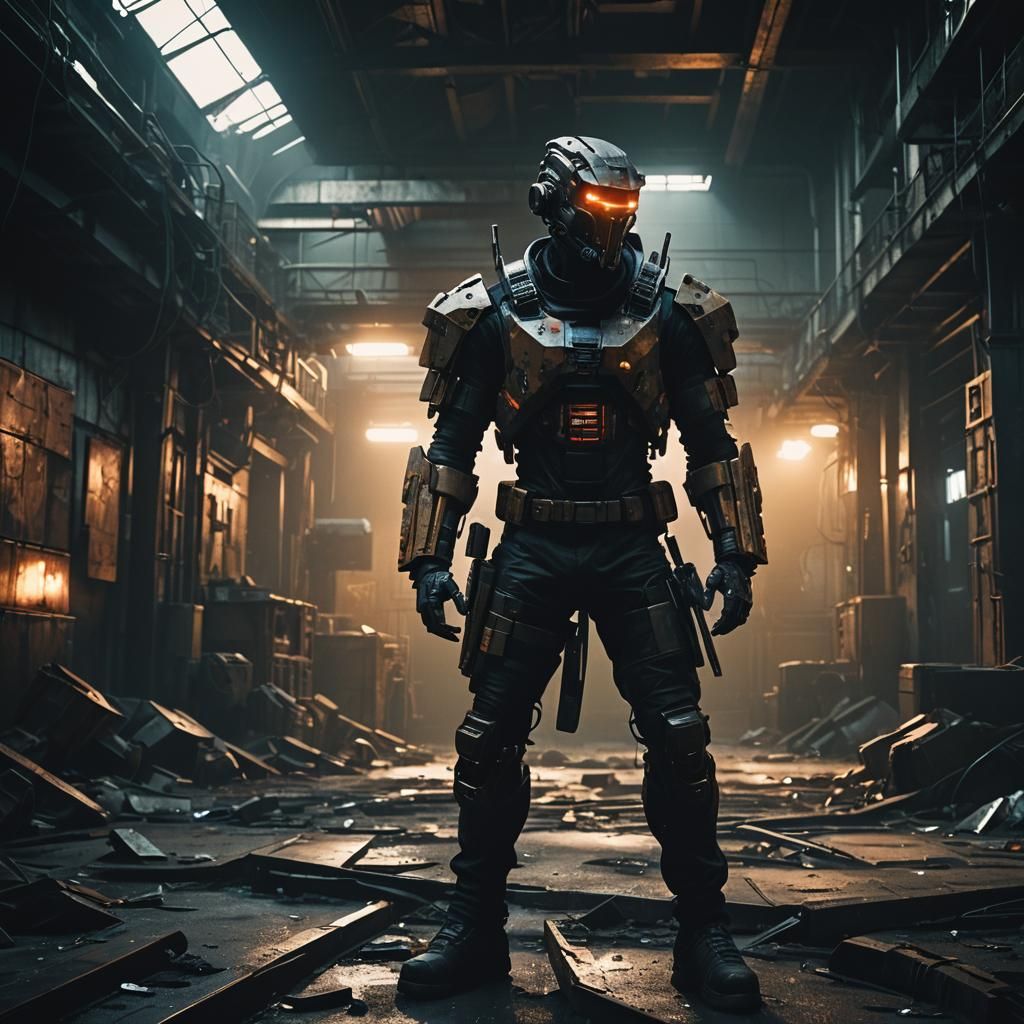 Cyberpunk Ravager in Industrial Film Still