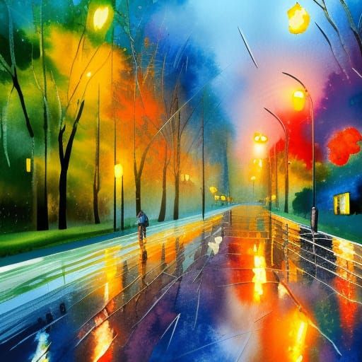 Rainy Street Scene in Gouache Watercolor Style