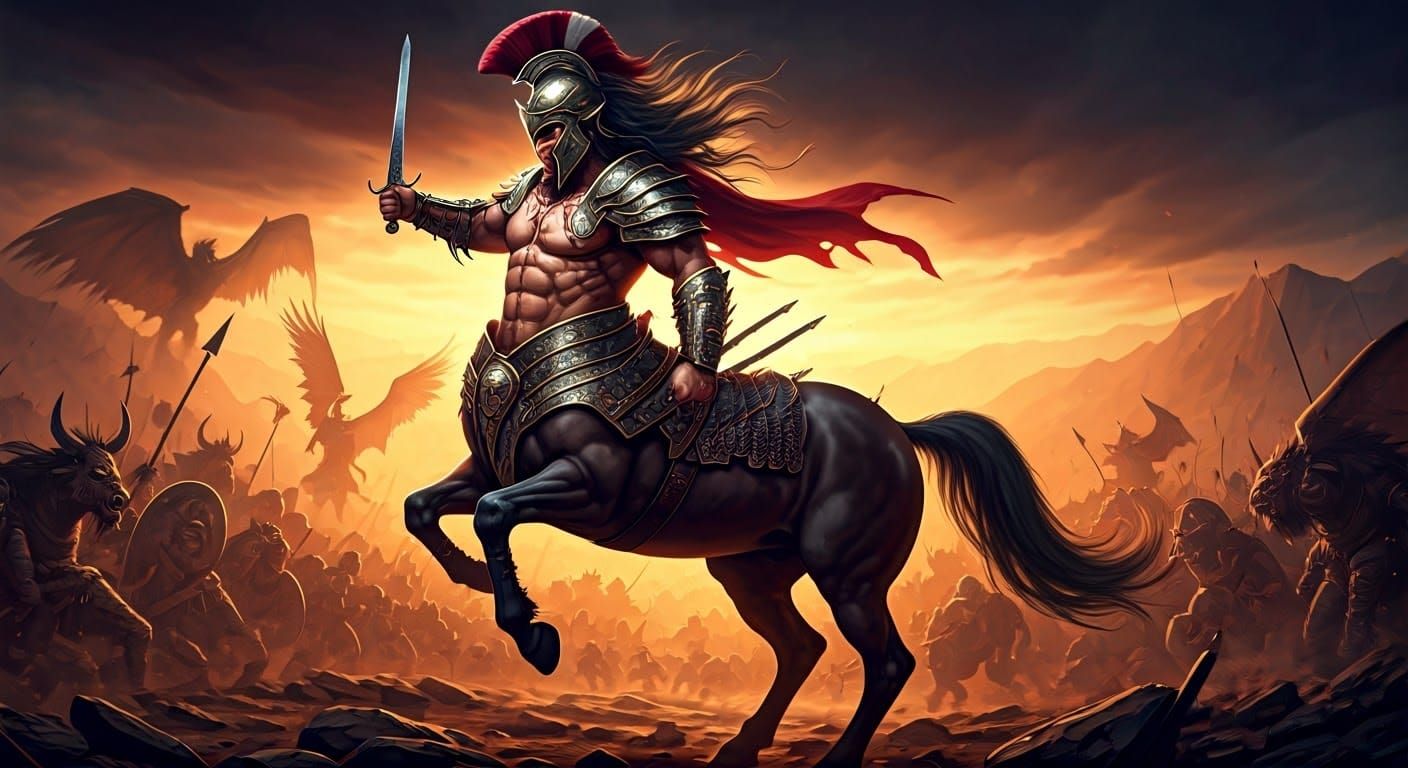 Armored Centaur Rears Up in War-Torn Landscape