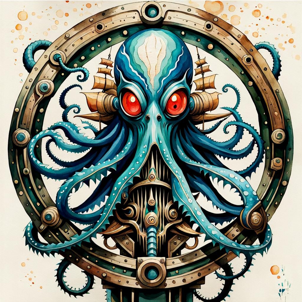👽🩱Cobwebbed Kraken MECHANICAL MADNESS, Watercolor Sharp Fo...