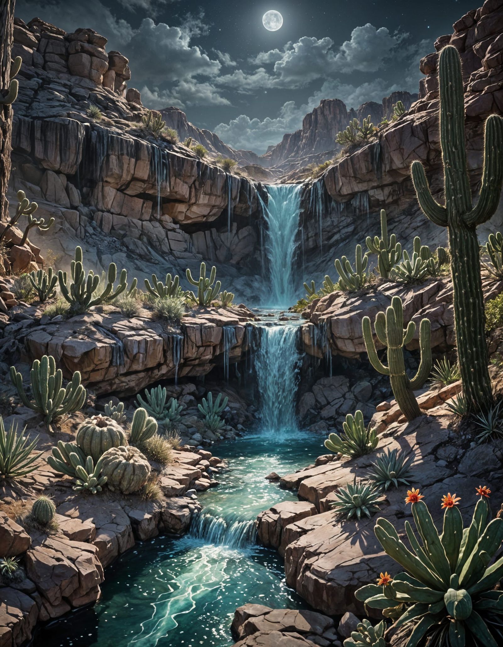 Surreal Desert Oasis Under Moonlit Night in Vibrant Oil Pain...