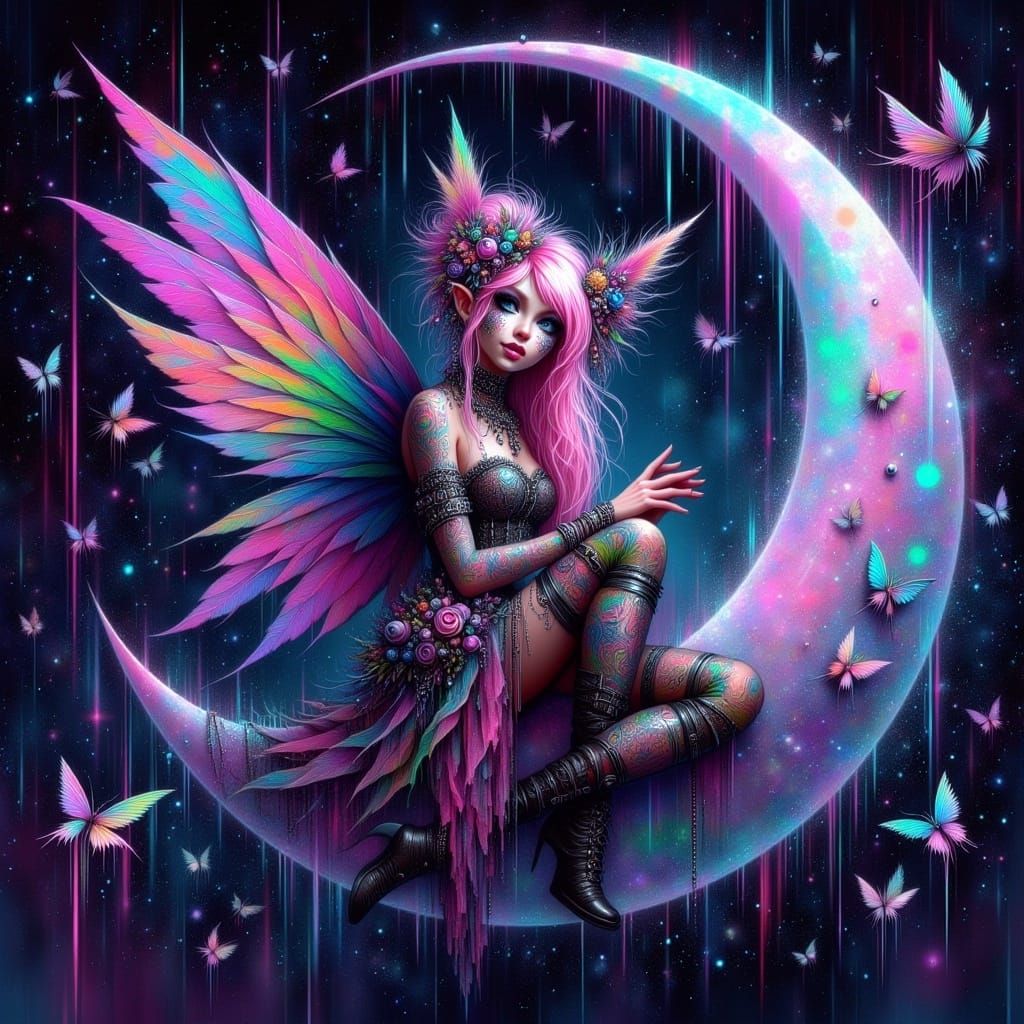 Cyber Fae on Crescent Moon in Cyberpunk Style