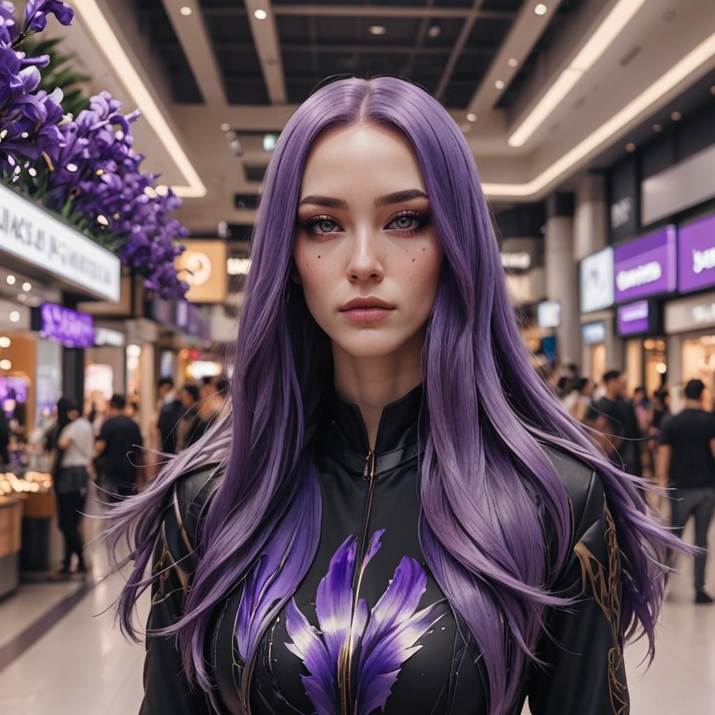 Purple-Eyed Woman in Hyperdetailed Mall Portrait