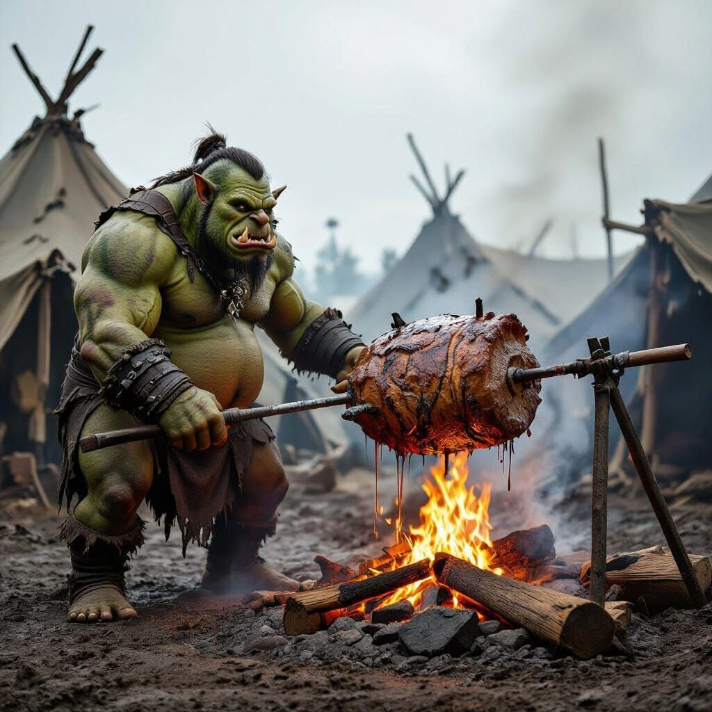 Muscular Ogre Chef Roasting Meat in War Camp