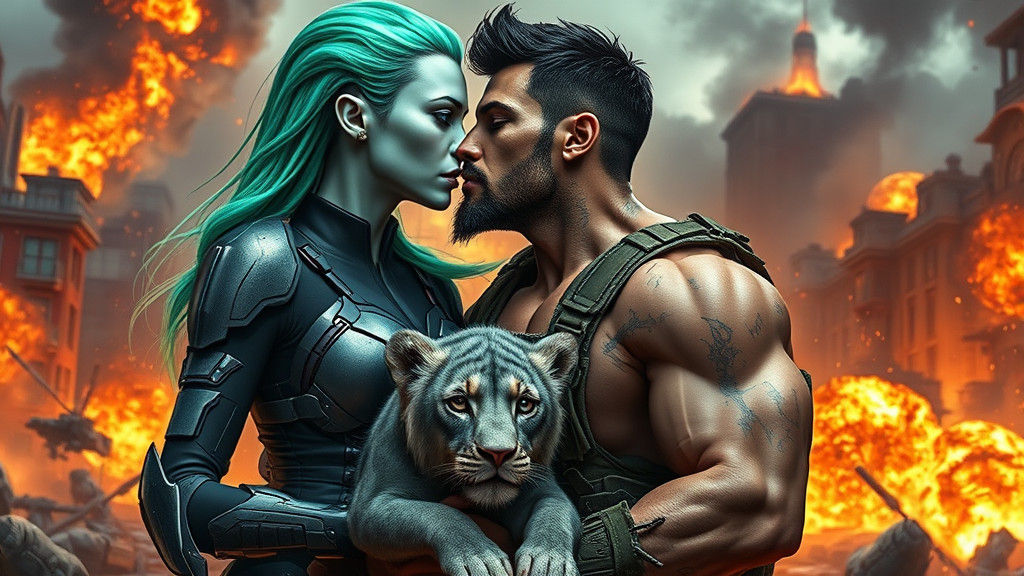 Alien Woman and Soldier Kiss in Sci-Fi Battle