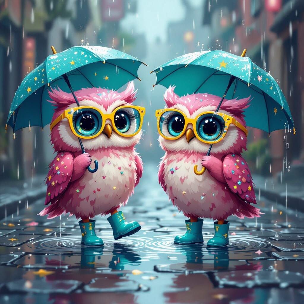 Whimsical Pink Owls Dancing in the Rain