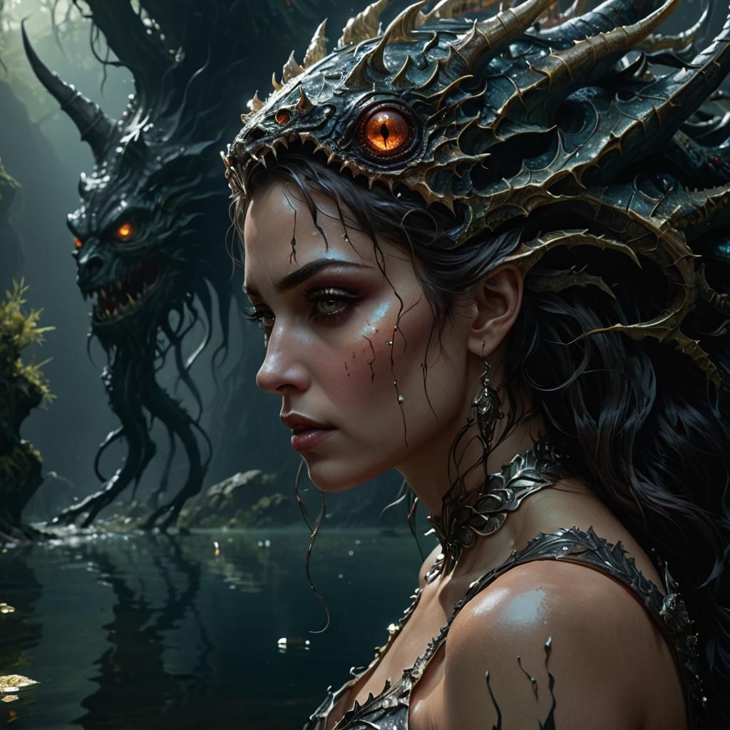 Woman and Monster in Dark Fantasy Concept Art