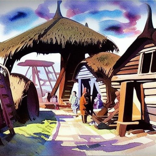 Futuristic Viking Village Watercolor