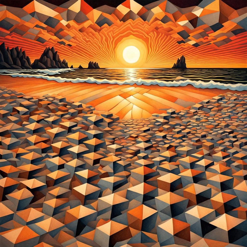 Escher-Style Surreal Sunset Beach Scene