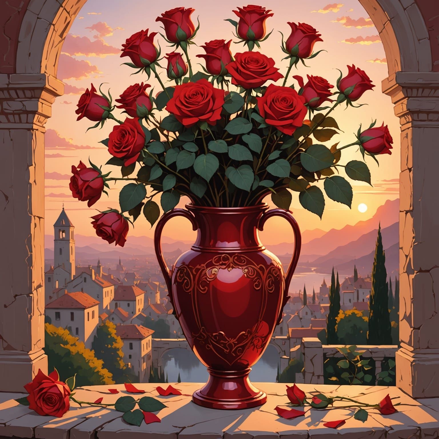 Red Roses in Vase at Rosy Sunrise