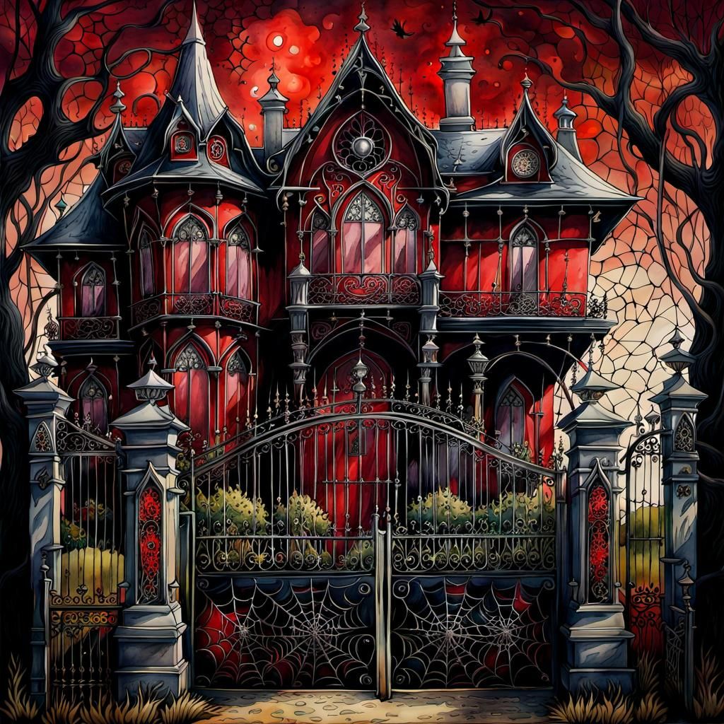 Ethereal Gothic Mansion in Watercolor Splendor