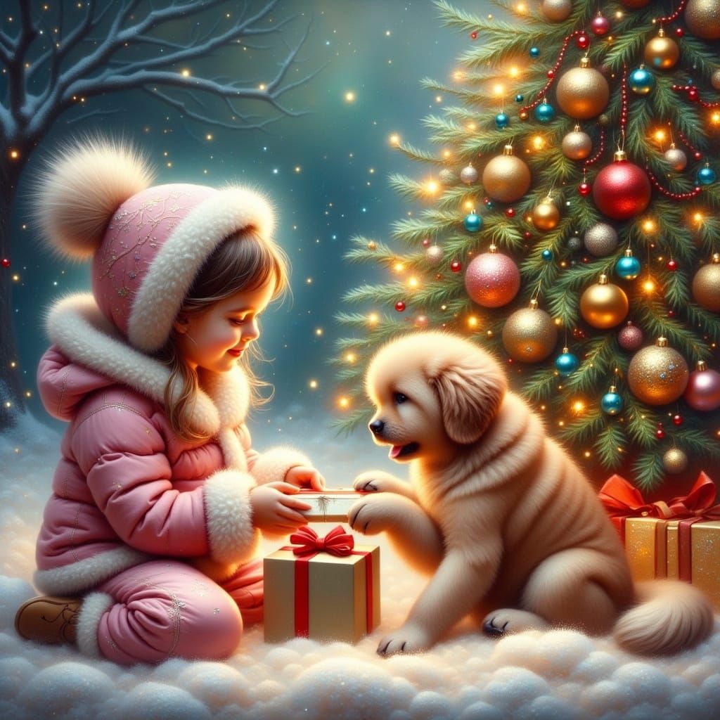 Toddler Girl Gives Gift to Puppy by Christmas Tree