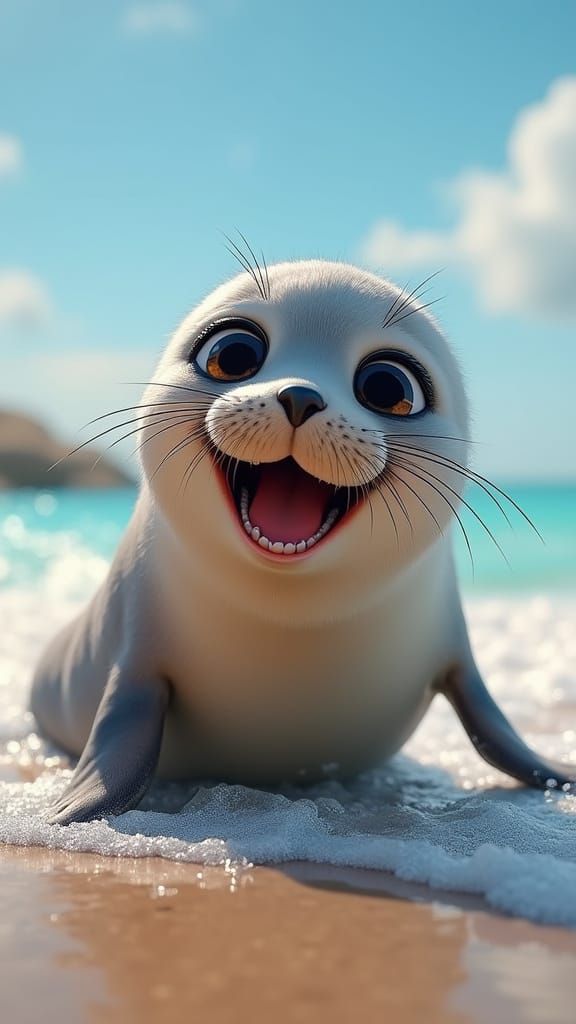 Happy Hyperrealistic Baby Seal at Beach