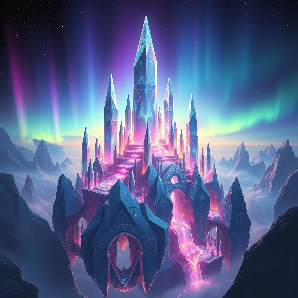 Crystal Citadel Amidst Celestial Aurora