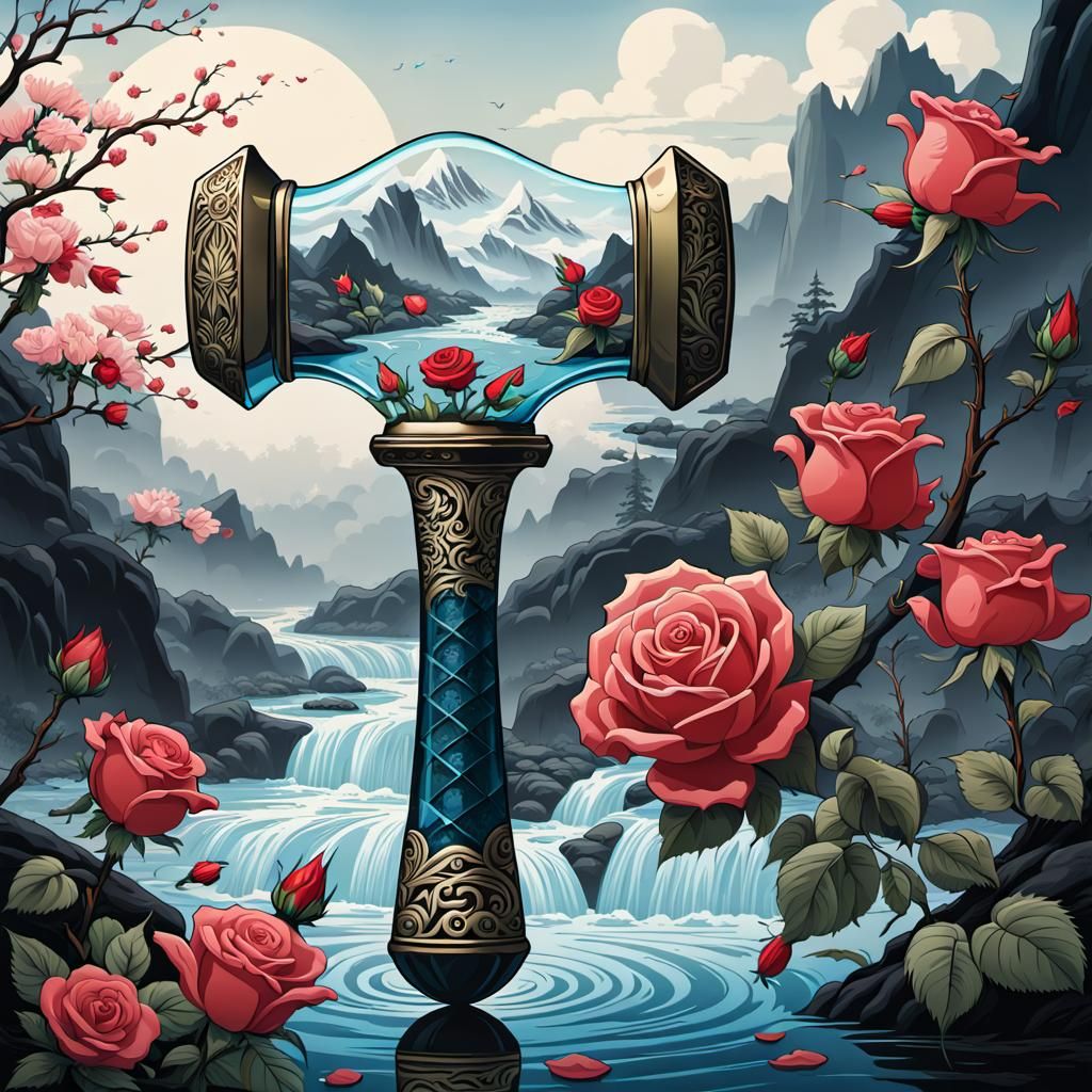 Glass Hammer with River and Roses: Fantasy Art