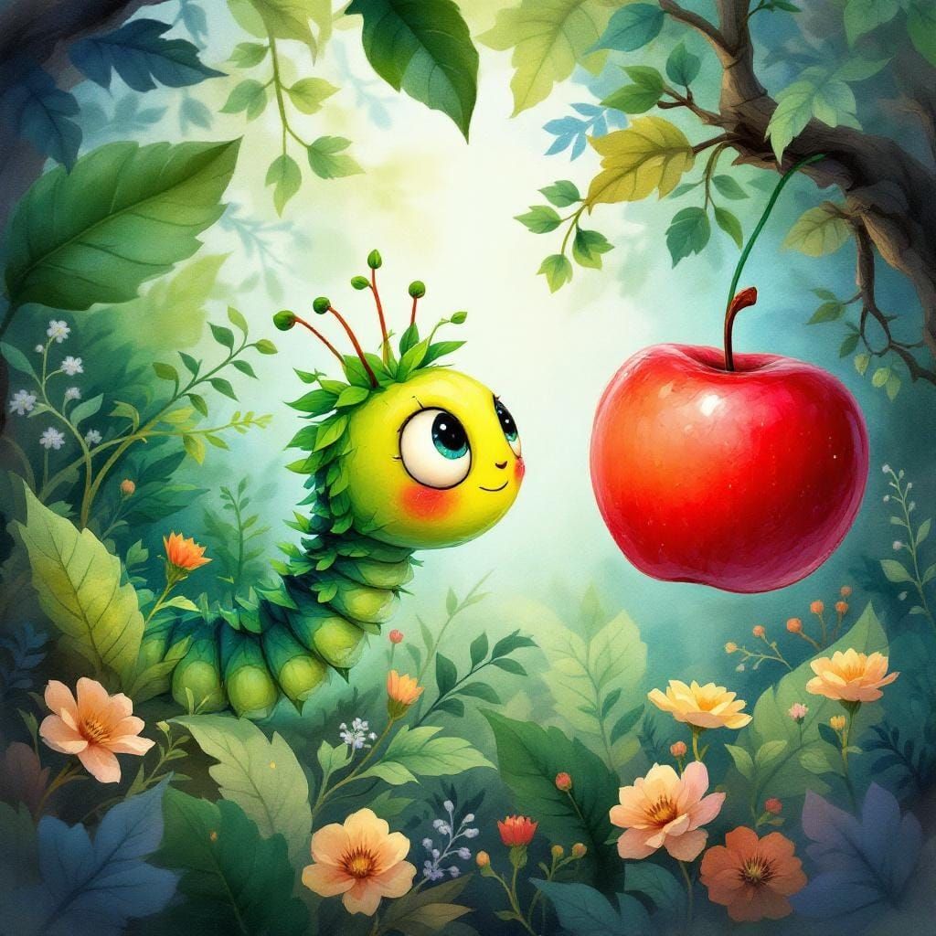 Excited Caterpillar Gazing at Apple, Fantastical Art