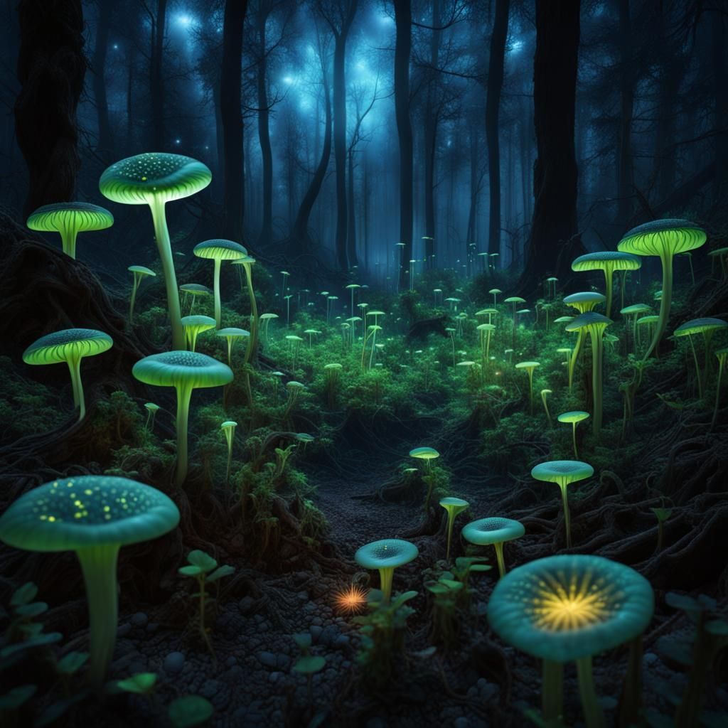 Eerie Forest at Night with Bioluminescent Flytraps
