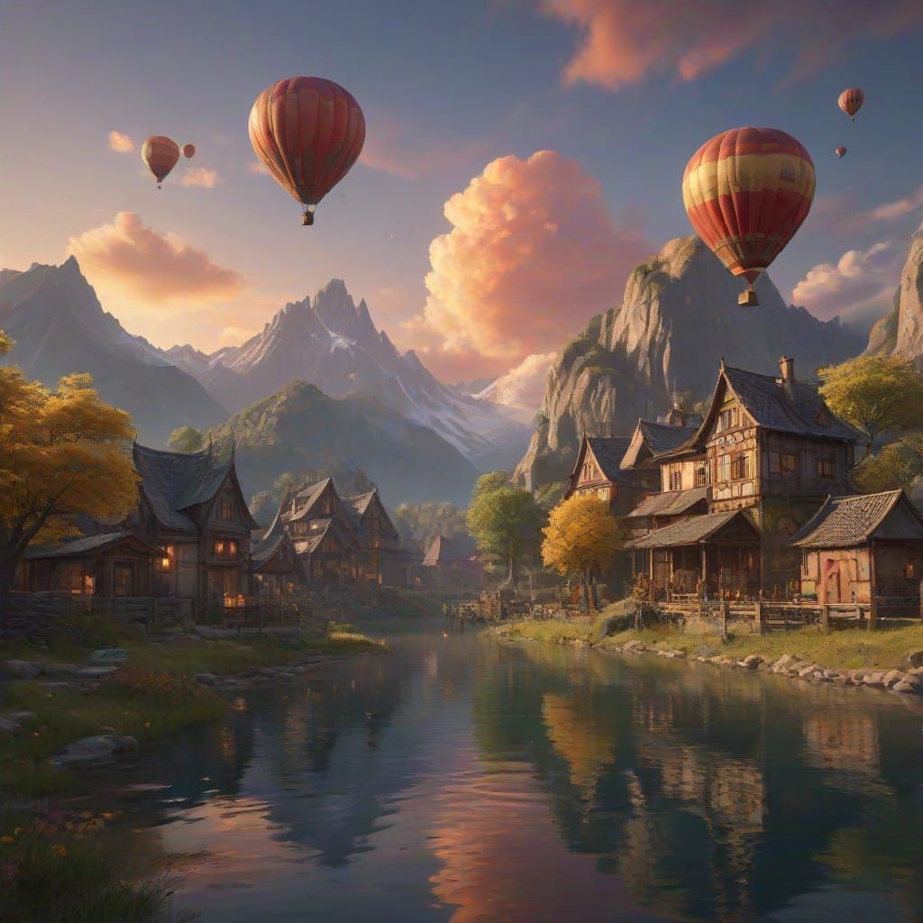 Vibrant Fantasy Village with Hot Air Balloons Under a Sunset