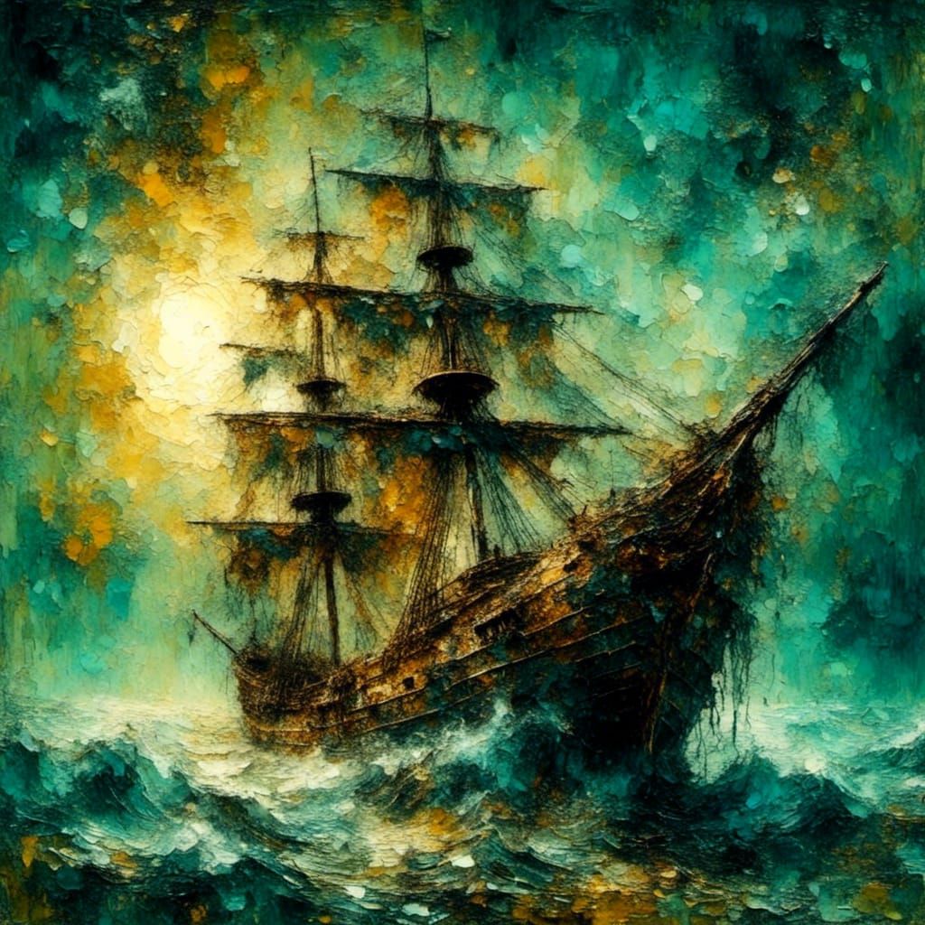Golden Hour Seascape: Impasto Oil Painting of Sailing Ship