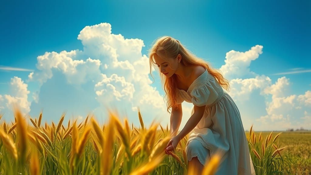 Wheat Field Maiden in Pre-Raphaelite Style