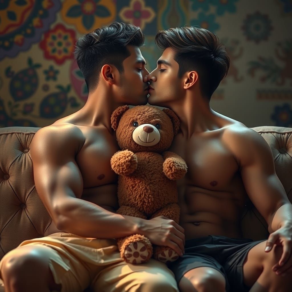 Intimate Portrait of Two Handsome Men in Vibrant Setting