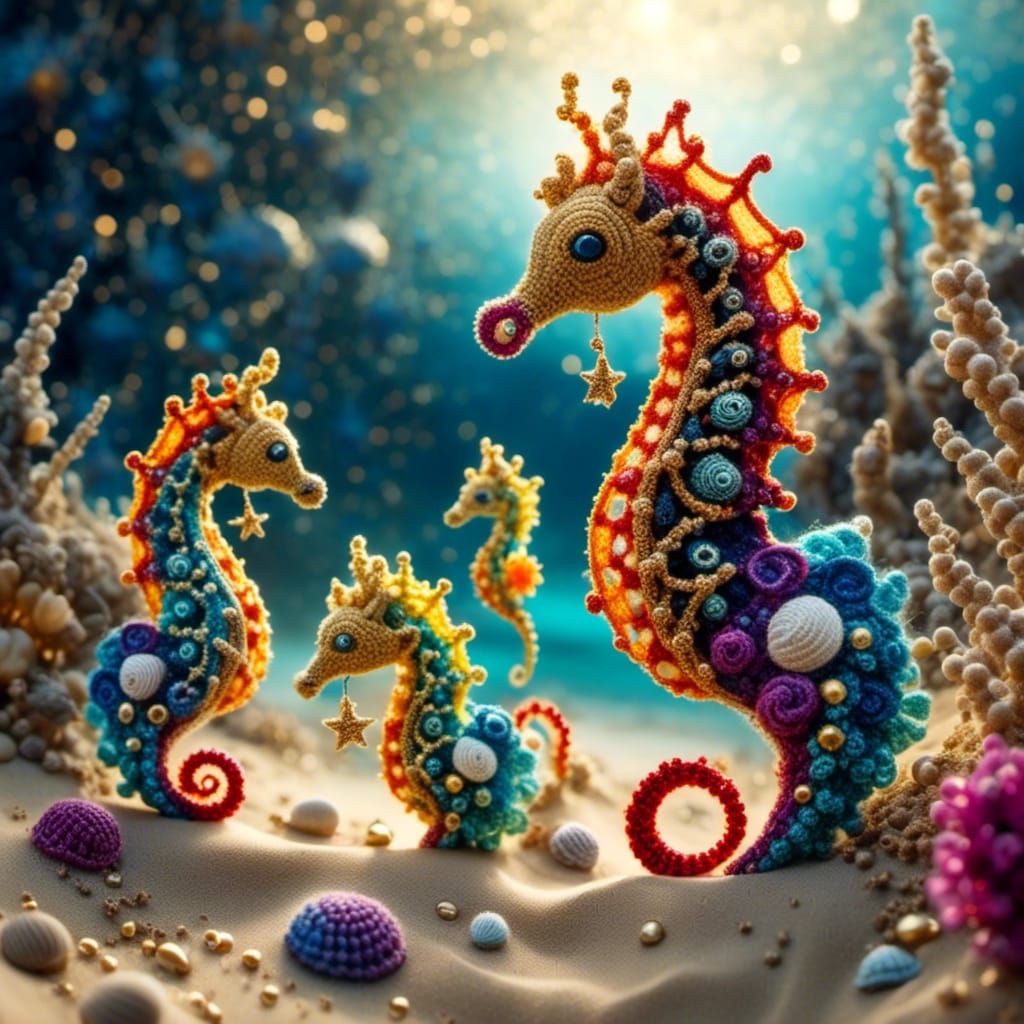 Whimsical Crochet Seahorse Family on Cosmic Beach