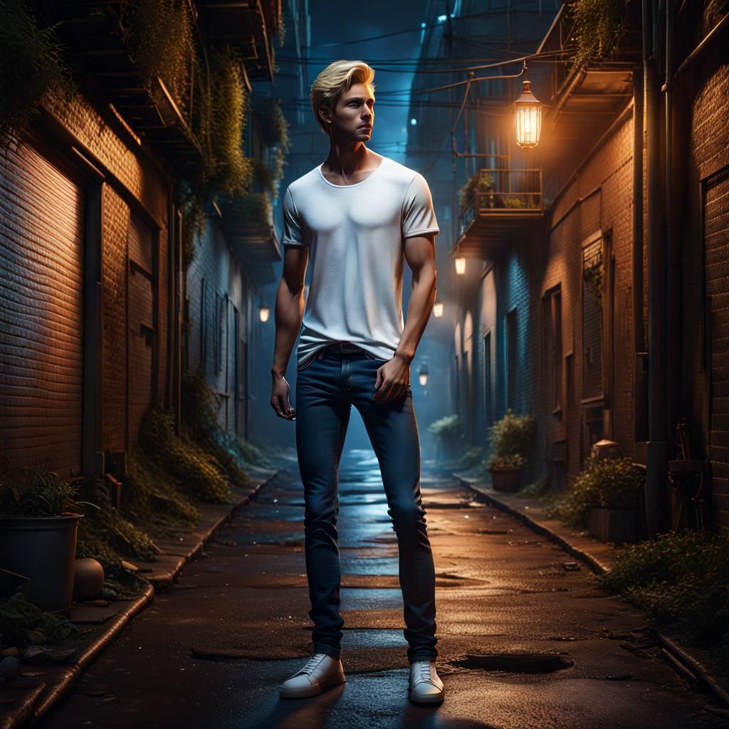 Wiry Blond Man in Alley: Detailed Matte Painting