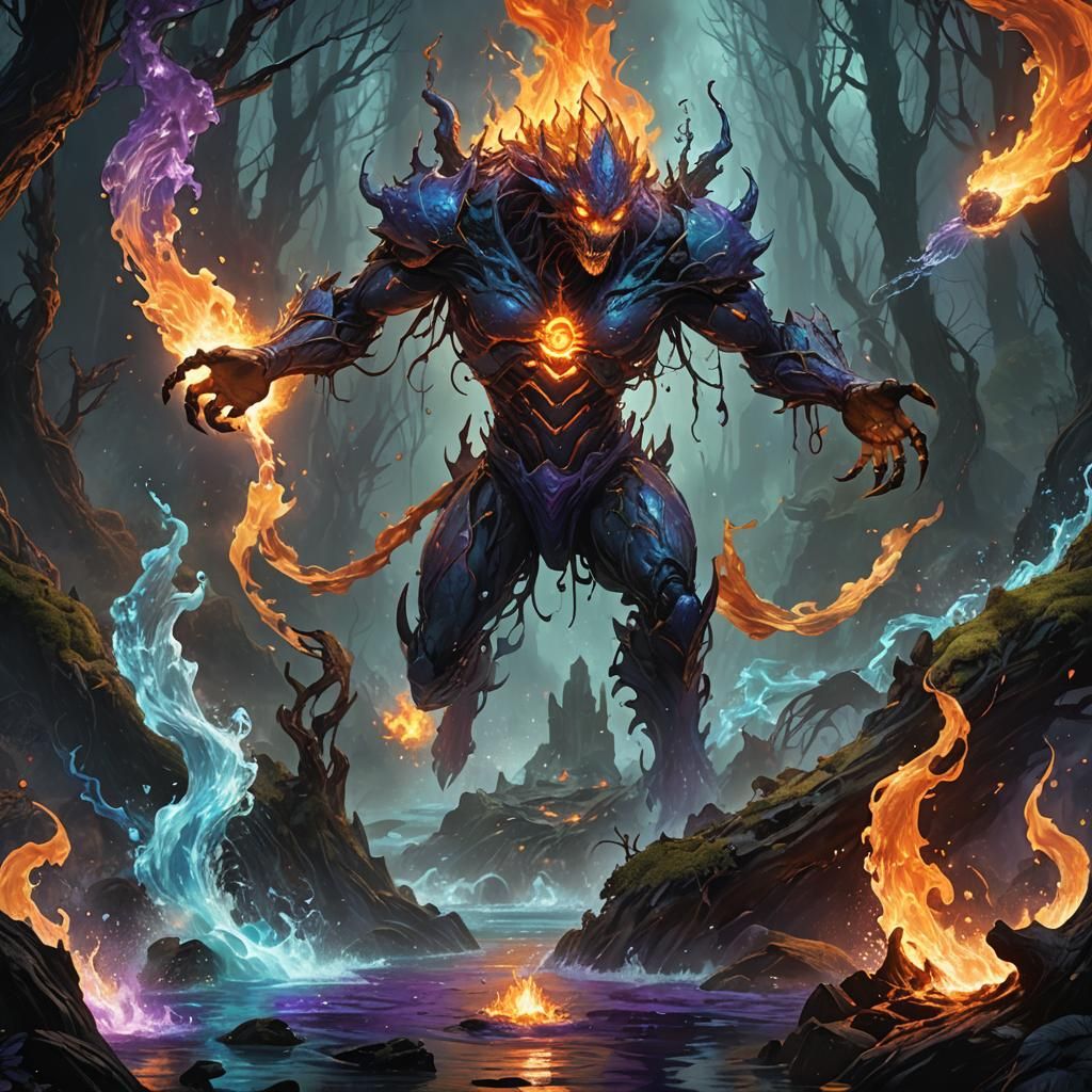 Water and Fire Entities Clash in Fantasy Landscape