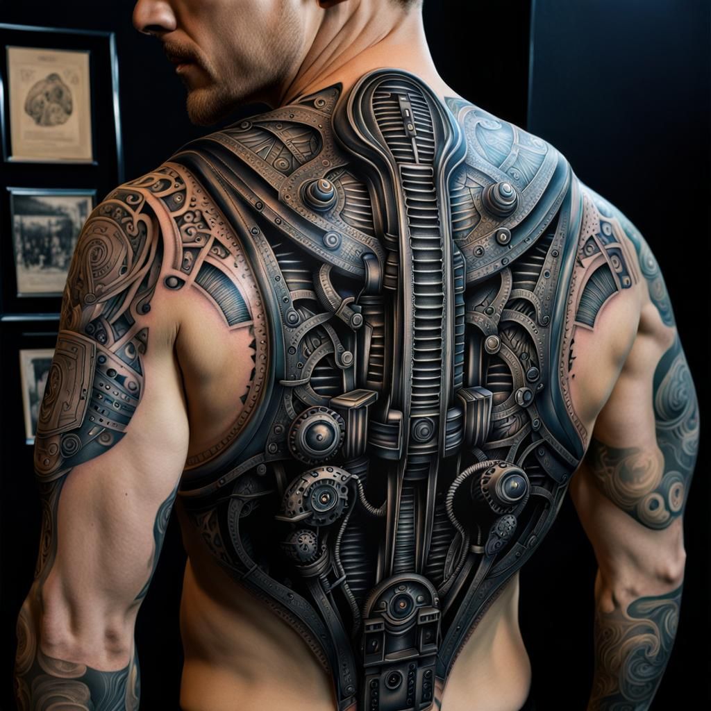 Intricate Robotics Tattoo: 3D Optical Illusion Body Art