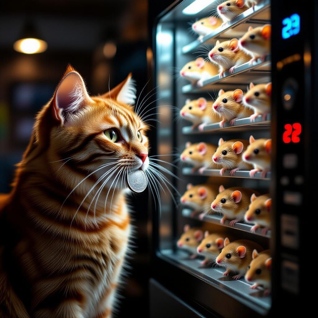 Orange Cat with Coin Eyes Vending Machine of Mice