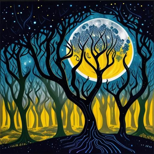 Moonlit Forest in Alcohol Ink Impasto Style