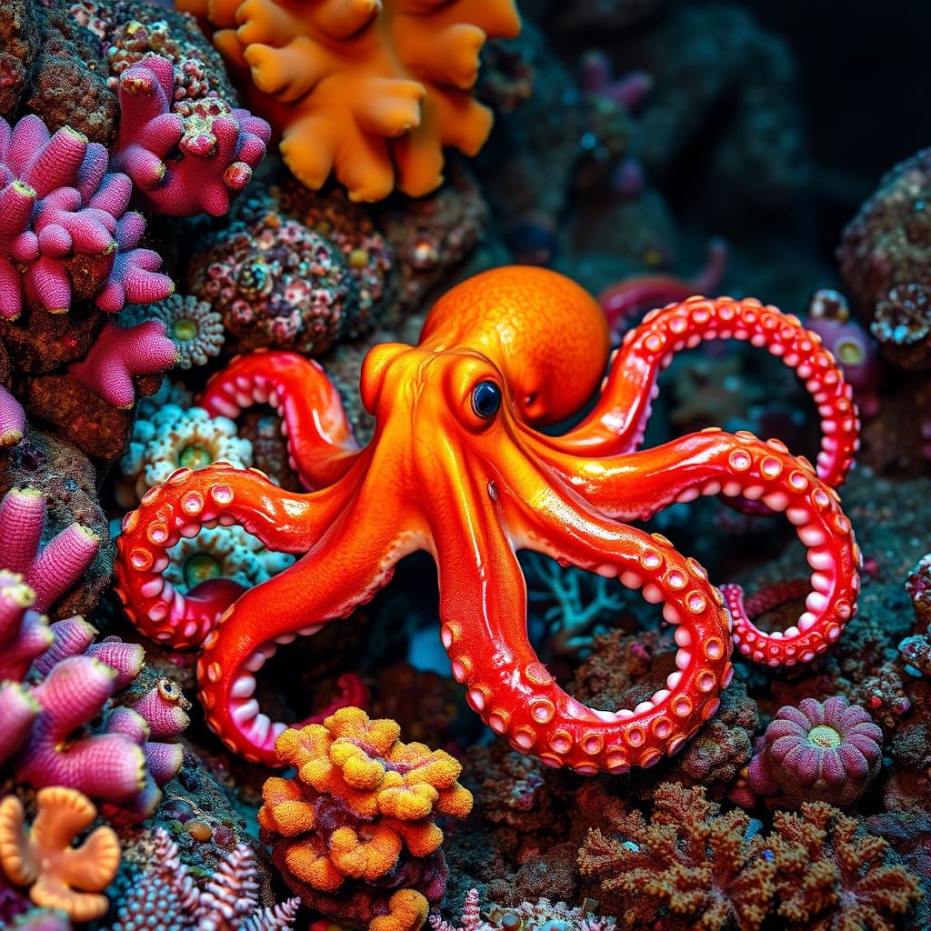 Orange Octopus in Thriving Coral Reef