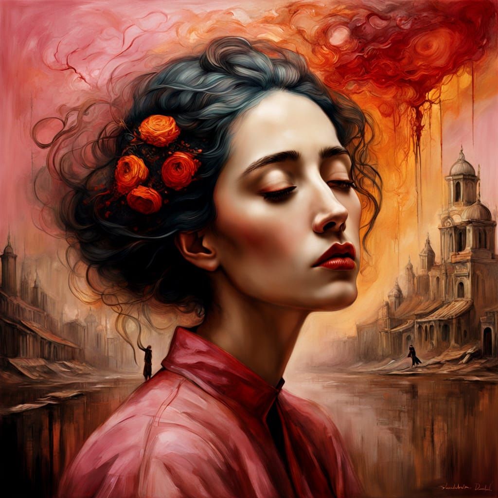 Surrealist Oil Painting of Melancholy Lovers