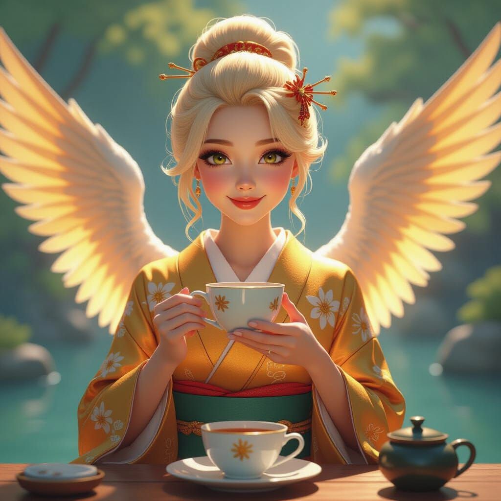 Blonde Geisha with Angel Wings Sips Tea in Watercolor Style