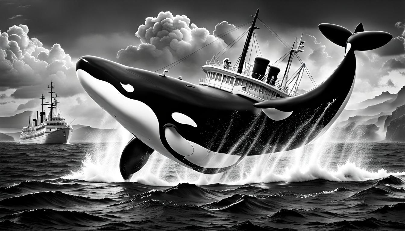 Orca Attacks Steamboat Willie: Dramatic Black and White