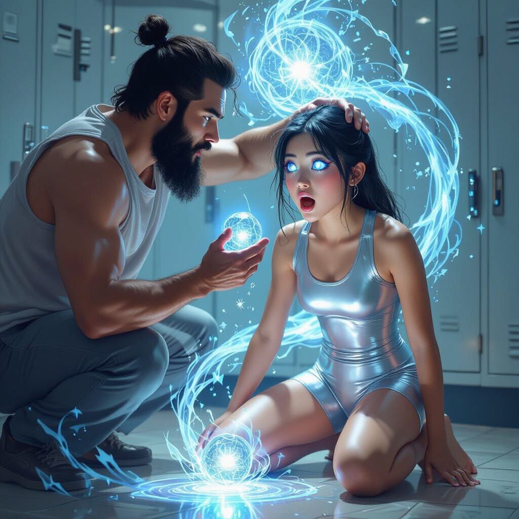 Overweight Teenager Mesmerized by Crystal, Hyperrealistic Di...