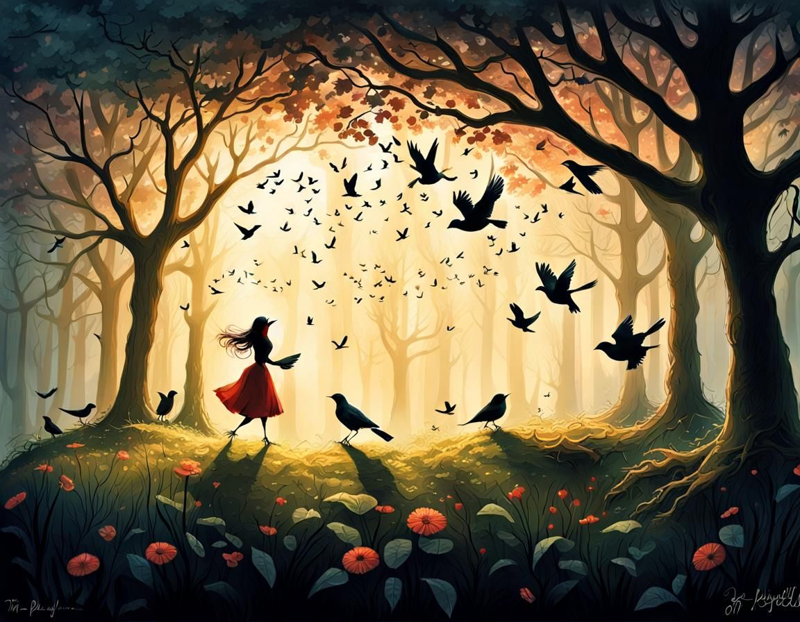 Surreal Birds in Trees Reflecting Lost Innocence