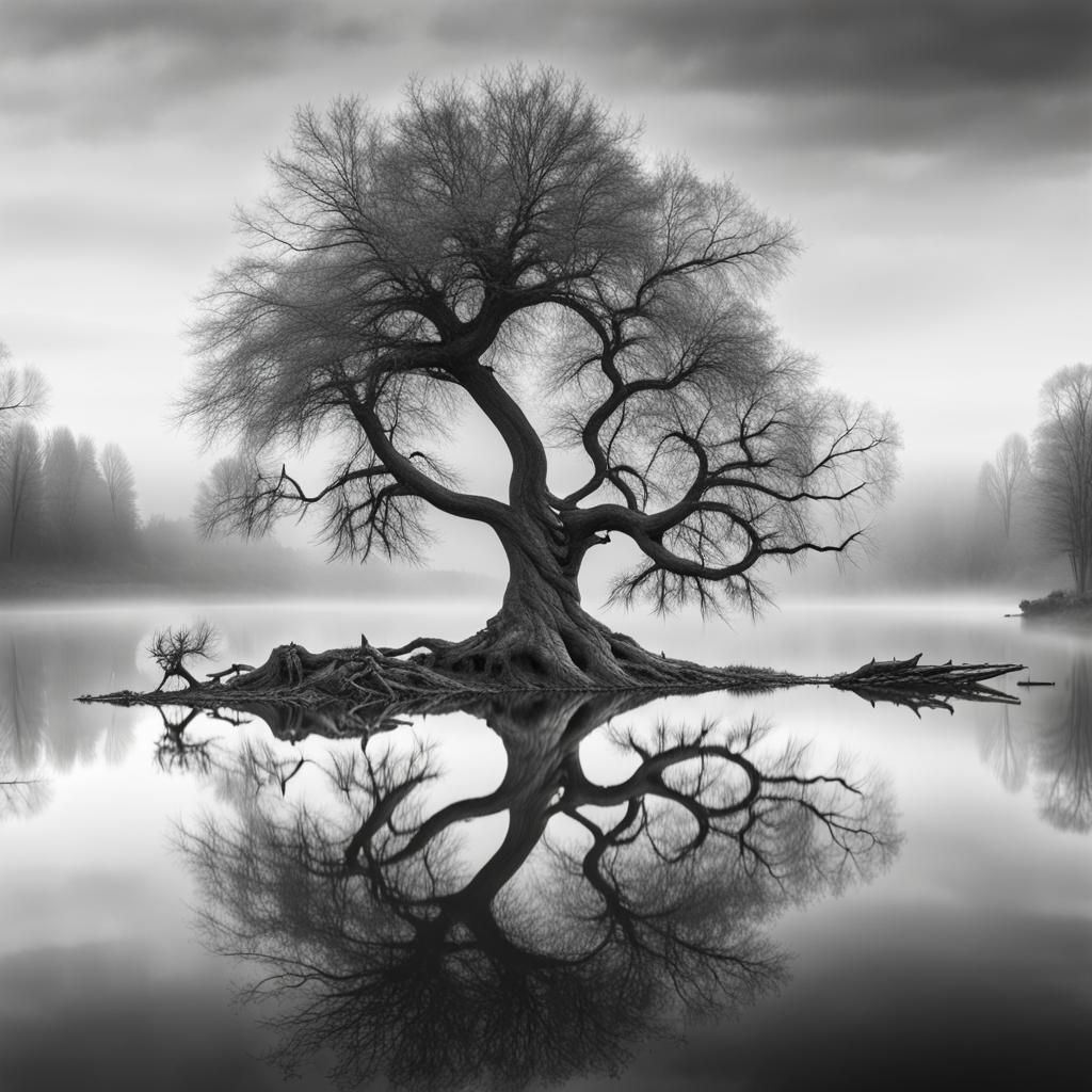 Monochrome Tree Reflection in Foggy Lake