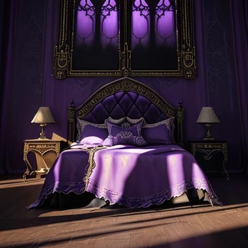 Realistic purple gothic bedroom with purple gothic bed& beautiful craftsmanship& gothic architecture vibes& photorealist...