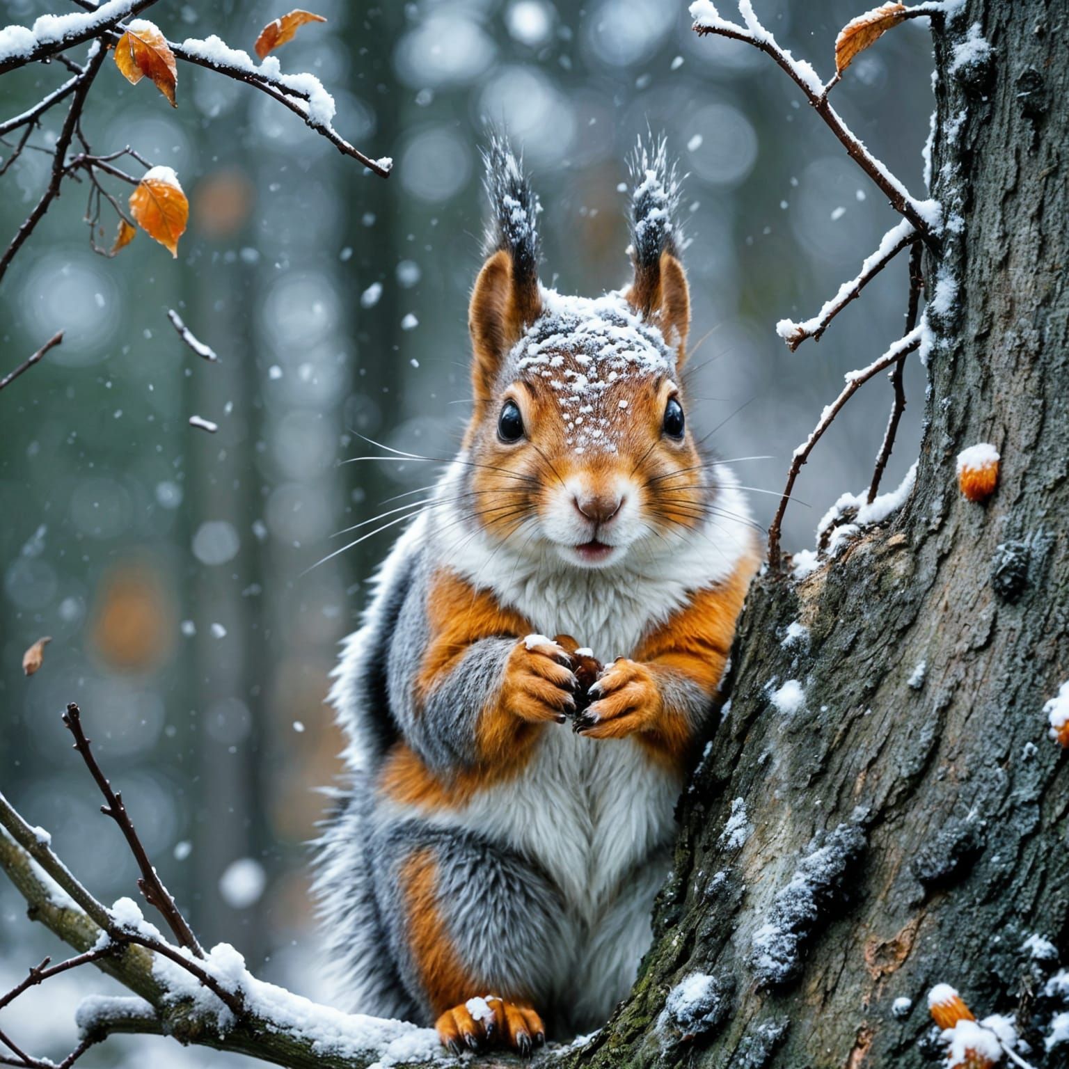 Squirrels Caching Nuts Before Winter Snow