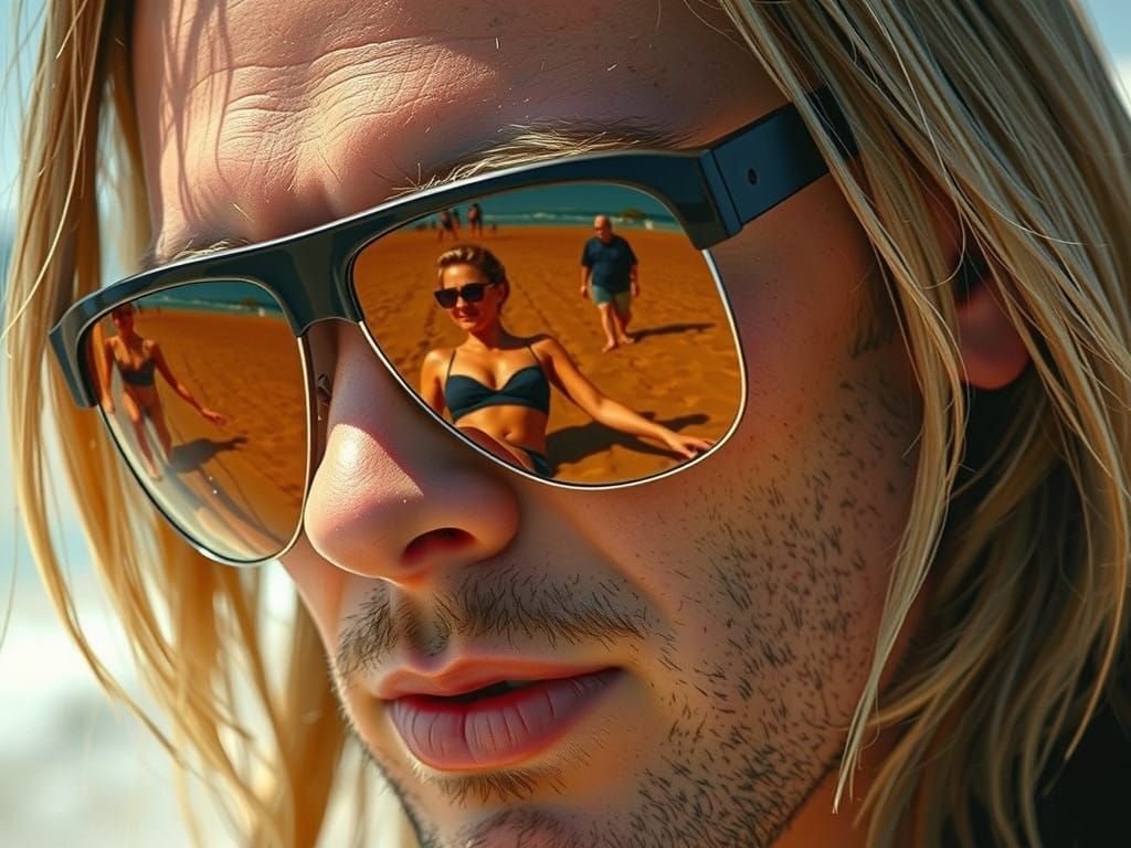 Man in Reflective Sunglasses Captures Suntanning Woman on Be...
